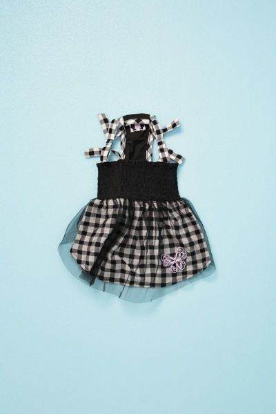 ショルダーリボンギンガムチェックギャザーワンピ BLACK